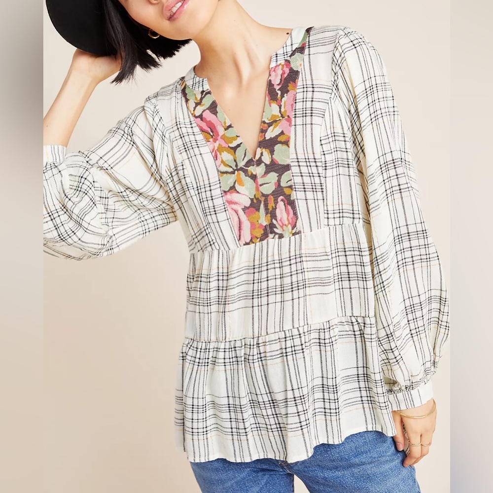 Anthropologie | Darlene Plaid Peasant Blouse - Boho Chic